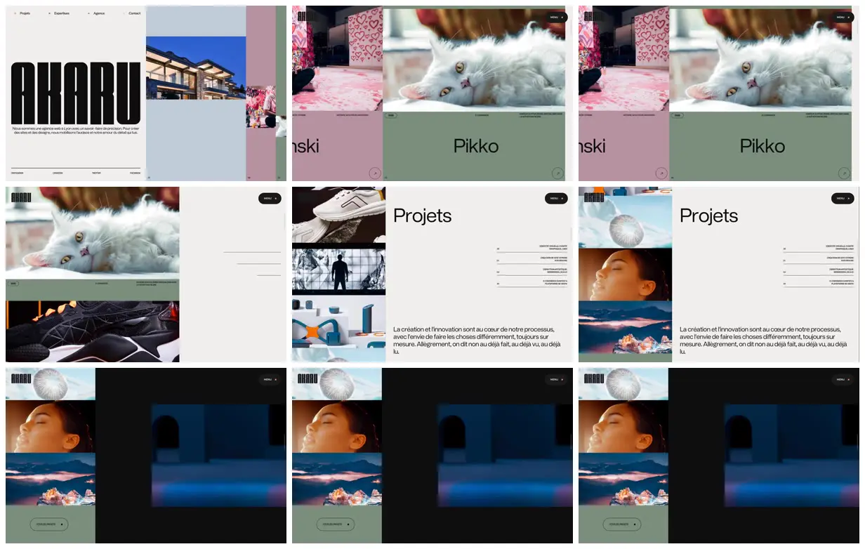 Nine frames from across Akaru split-screen agency portfolio