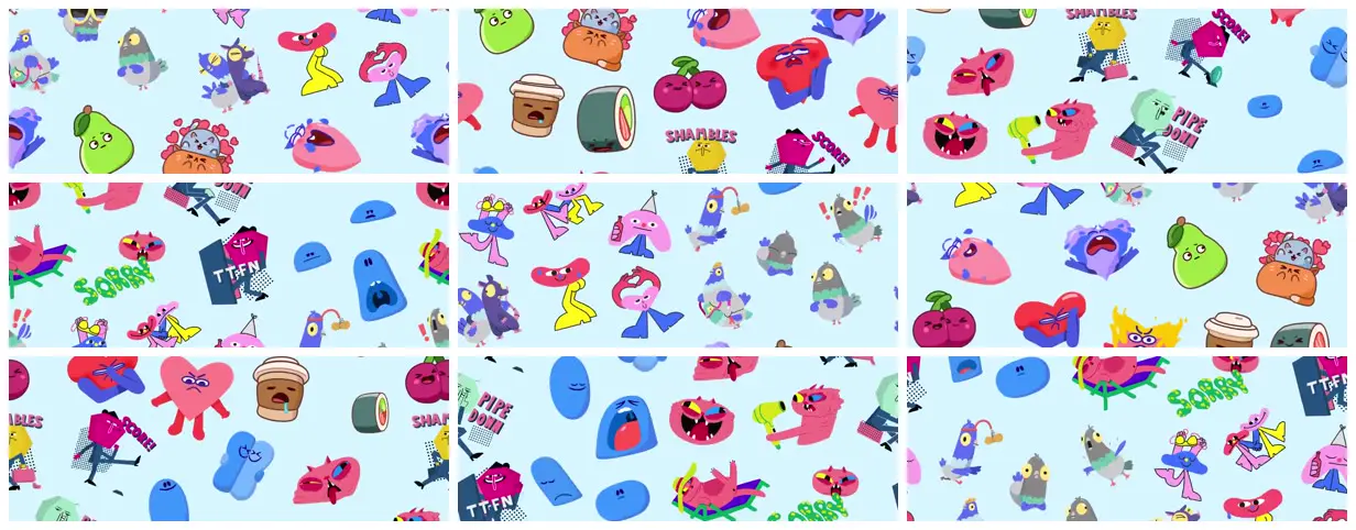 Nine frames from across Expressive characters on a cyan field