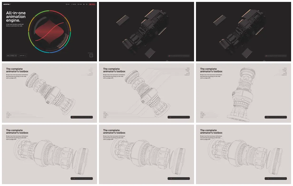 Nine frames from across Anime.js mechanical animation engine