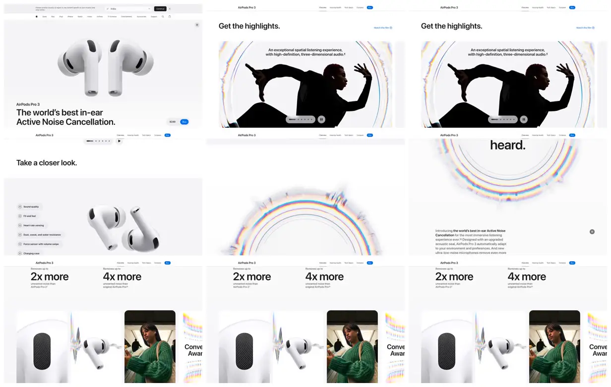 Nine frames from across AirPods Pro 3 product showcase