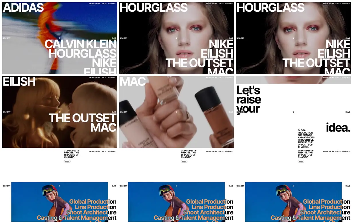 Nine frames from across Bennett & Clive production portfolio