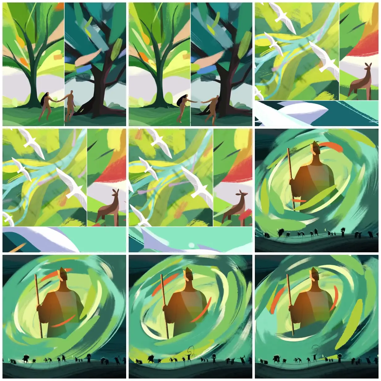 Nine frames from across Painterly worlds of blessing and curse