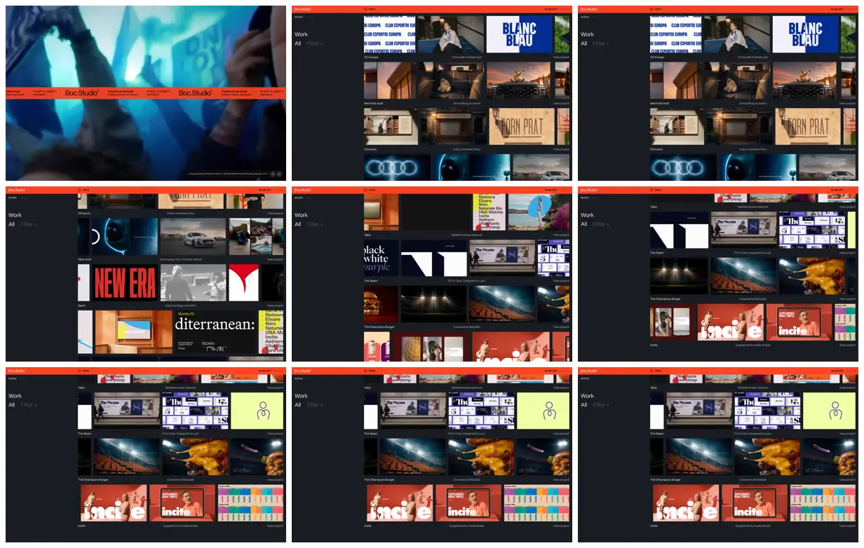 Nine frames from across A dark portfolio in project filmstrips