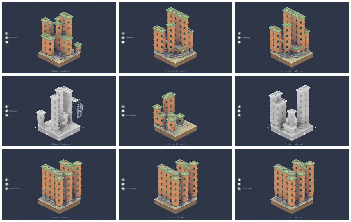 Nine frames from across Isometric brick building sandbox