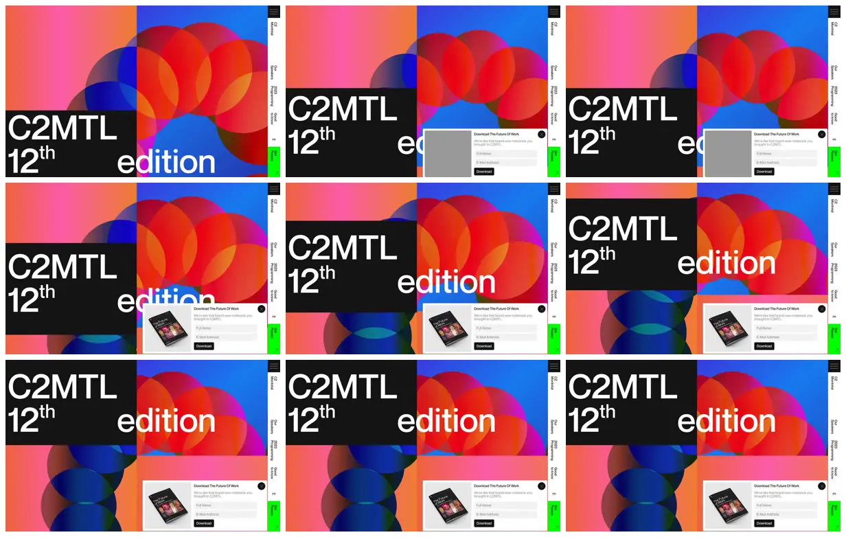 Nine frames from across C2 Montréal in overlapping color