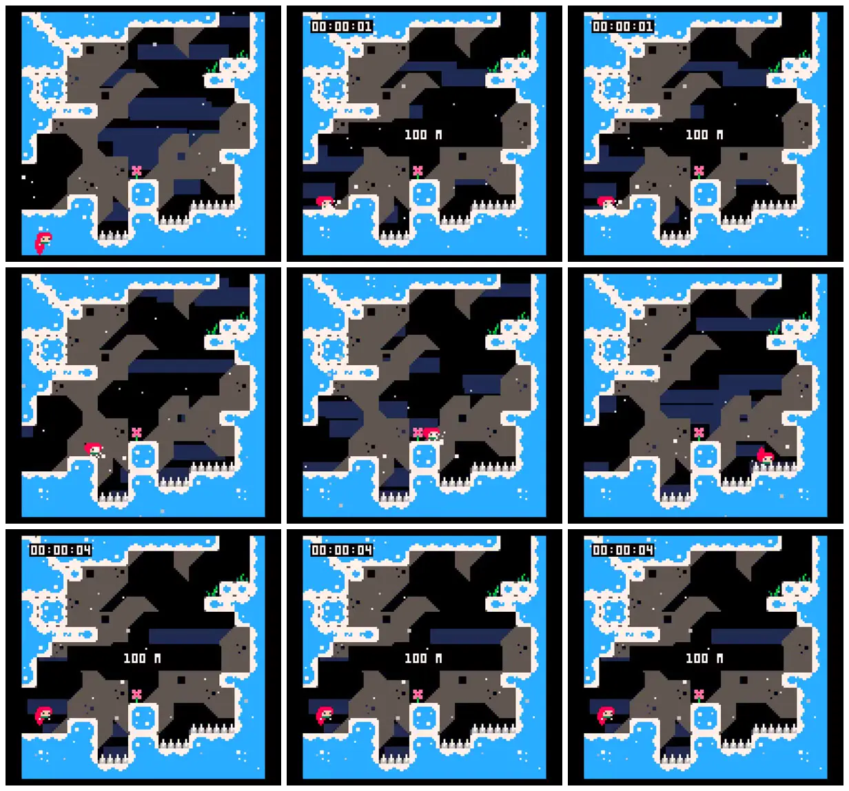Nine frames from across Snowbound pixel platformer
