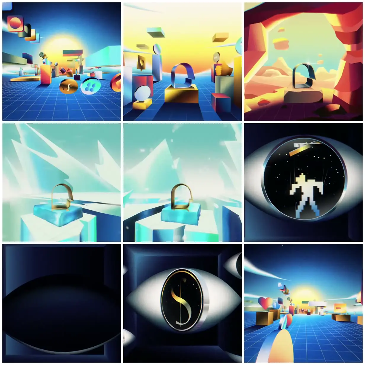 Nine frames from across Metallic symbols in geometric worlds