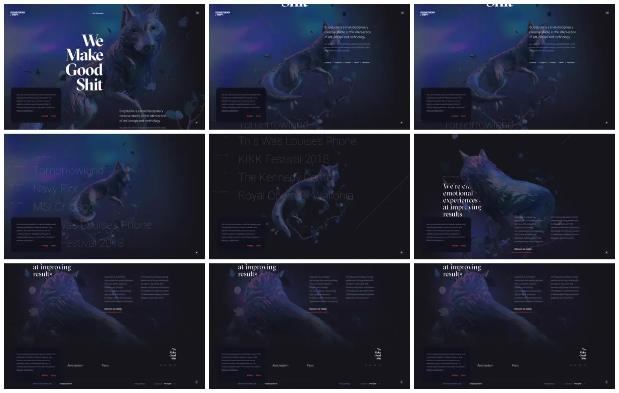 Nine frames from across A canine sculpture anchors a studio site