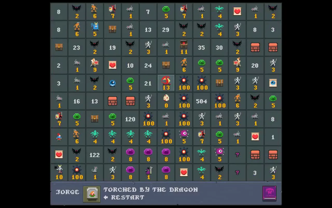 Frame from Dragonsweeper’s monster-filled grid