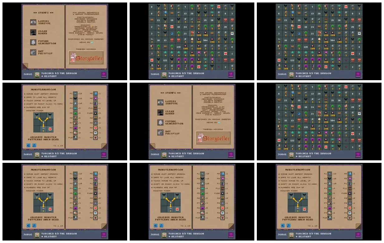 Nine frames from across Dragonsweeper’s monster-filled grid