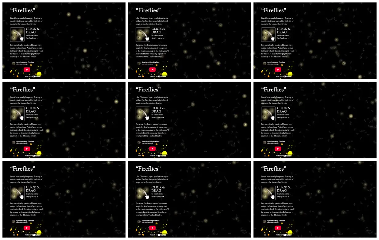 Nine frames from across Fireflies in a luminous field
