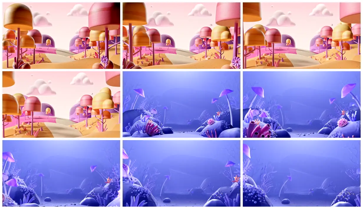 Nine frames from across Candy forest and violet reef