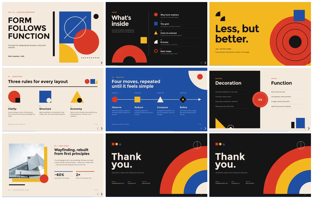 Nine frames from across Geometric design workshop deck