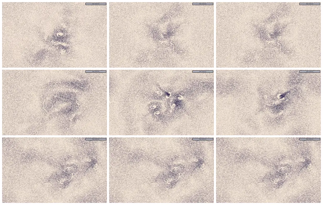 Nine frames from across Ink-like particle flow field