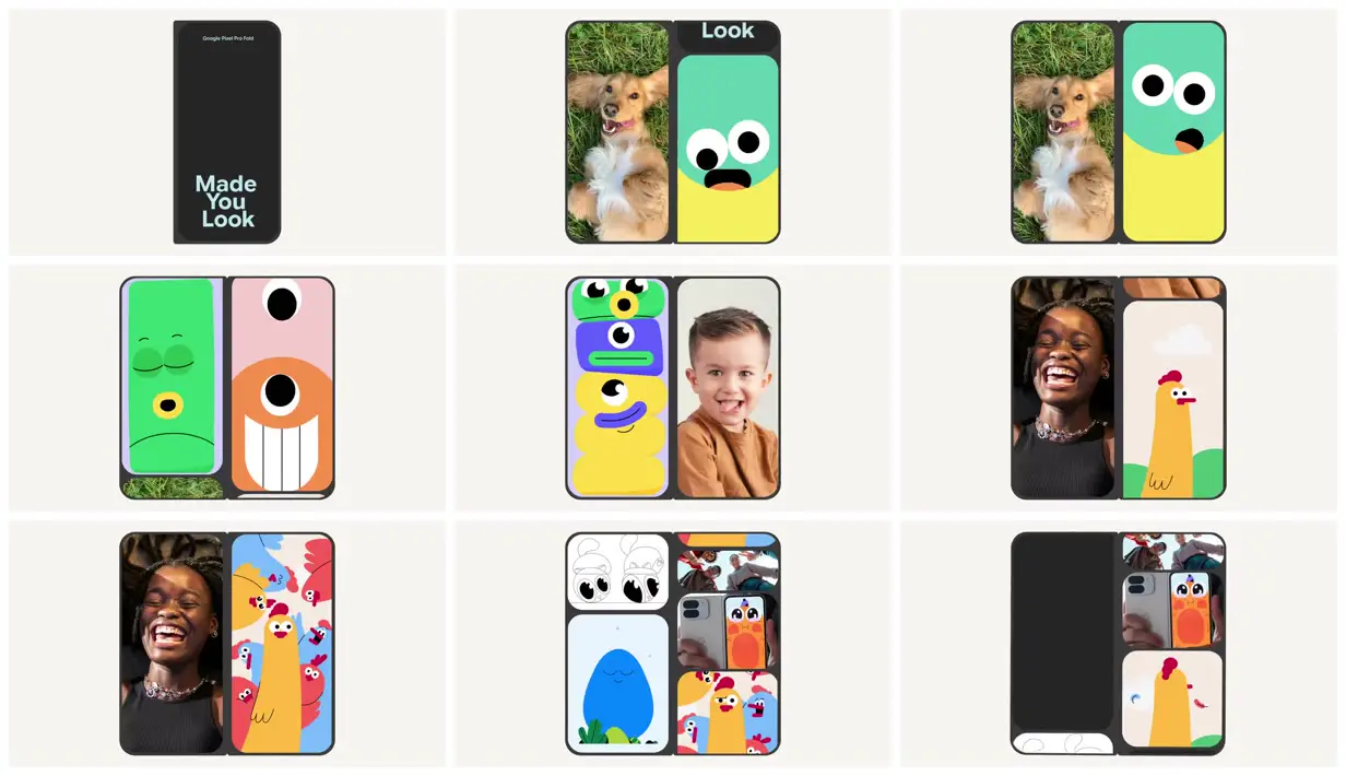 Nine frames from across Playful faces in a folding frame