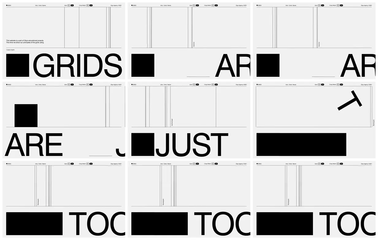 Nine frames from across Grids as a typographic playground