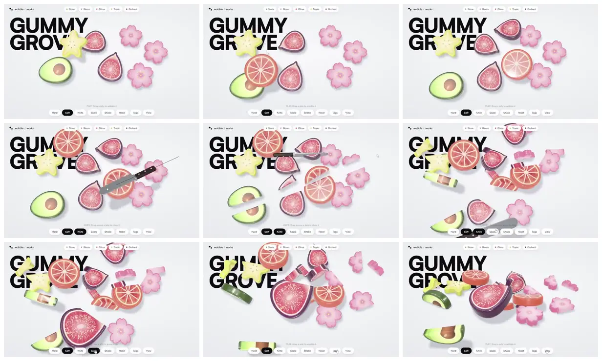 Nine frames from across Gummy Grove