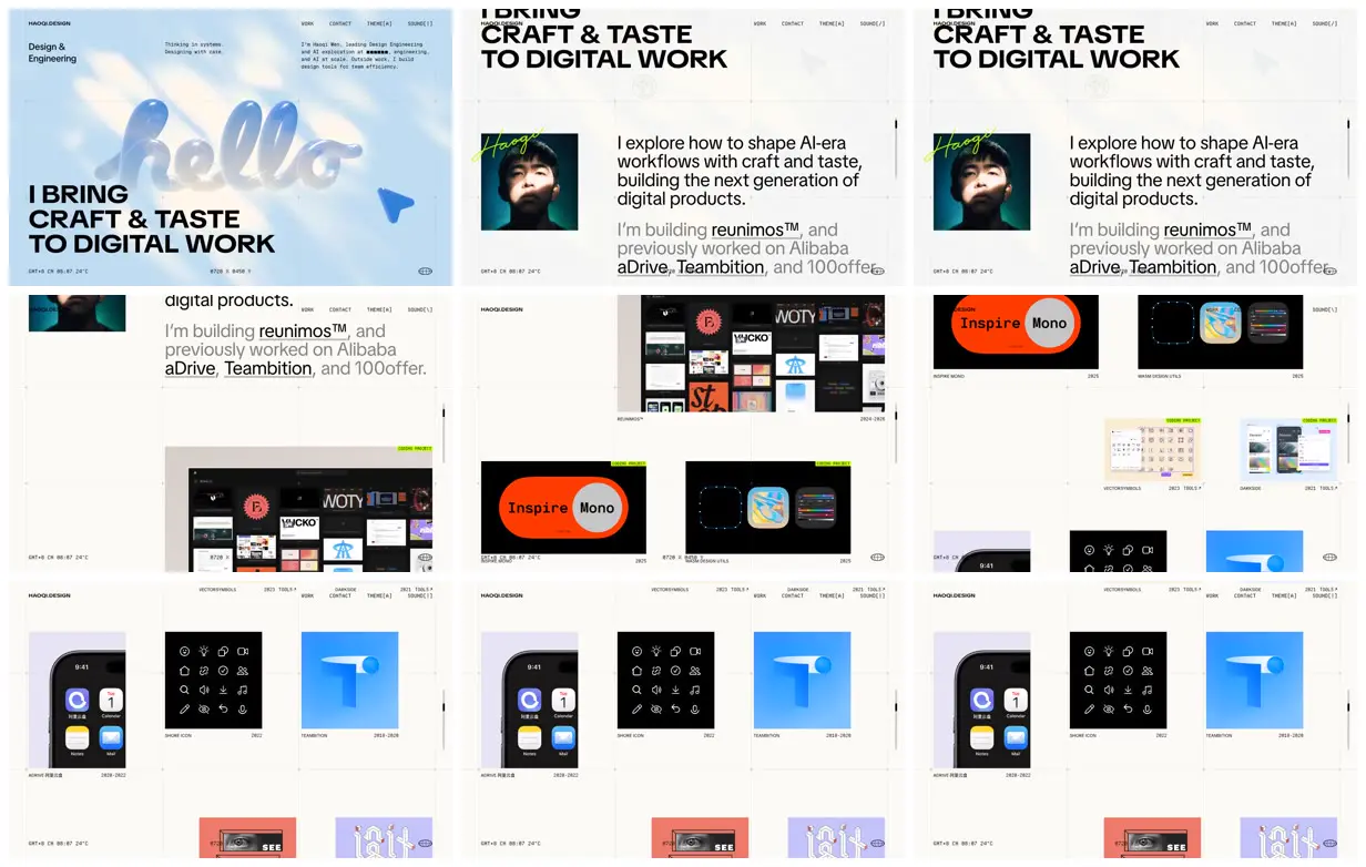 Nine frames from across Sculptural greeting on a technical grid