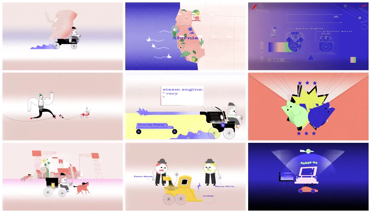 Nine frames from across An illustrated electric vehicle history