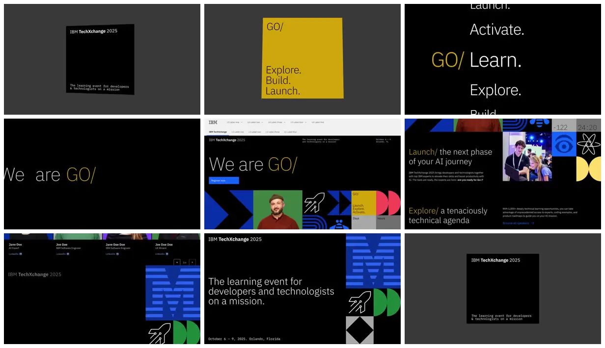 Nine frames from across TechXchange graphic identity showcase