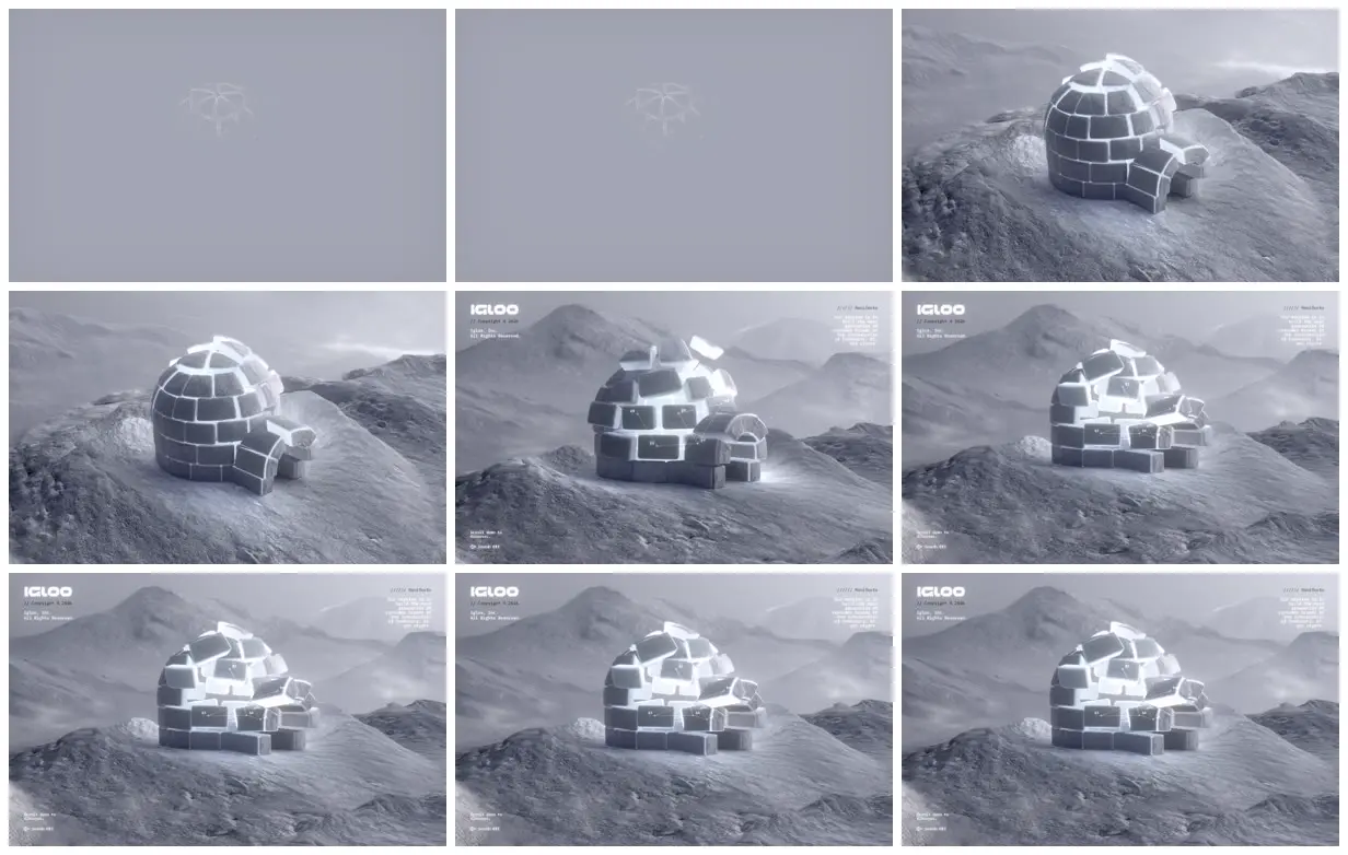 Nine frames from across Luminous igloo in a frozen landscape