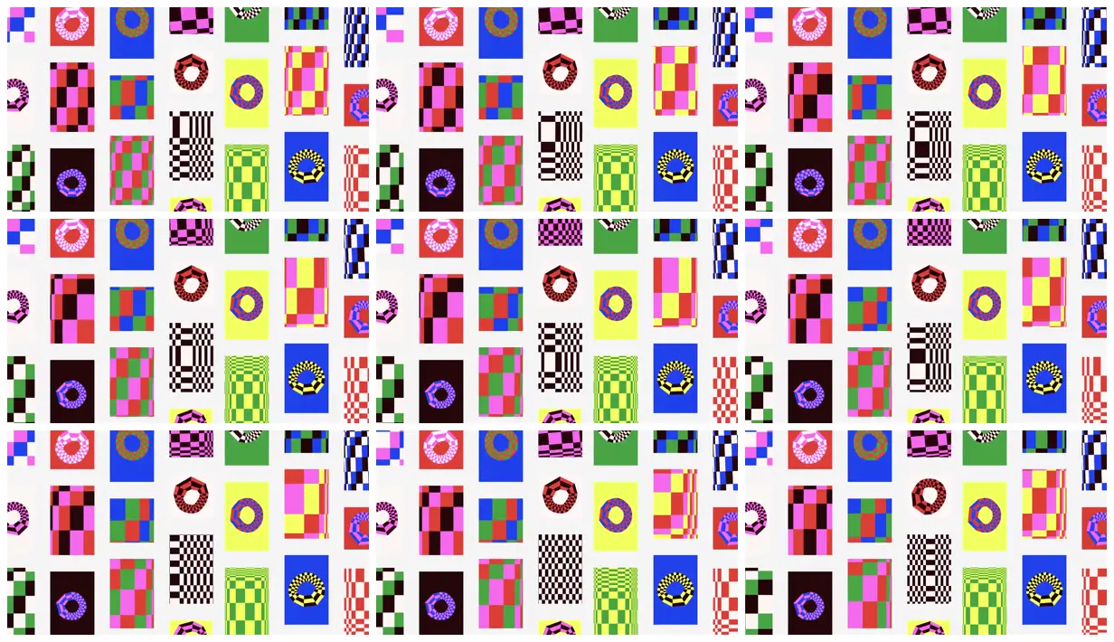 Nine frames from across Checkerboard rings and optical tiles