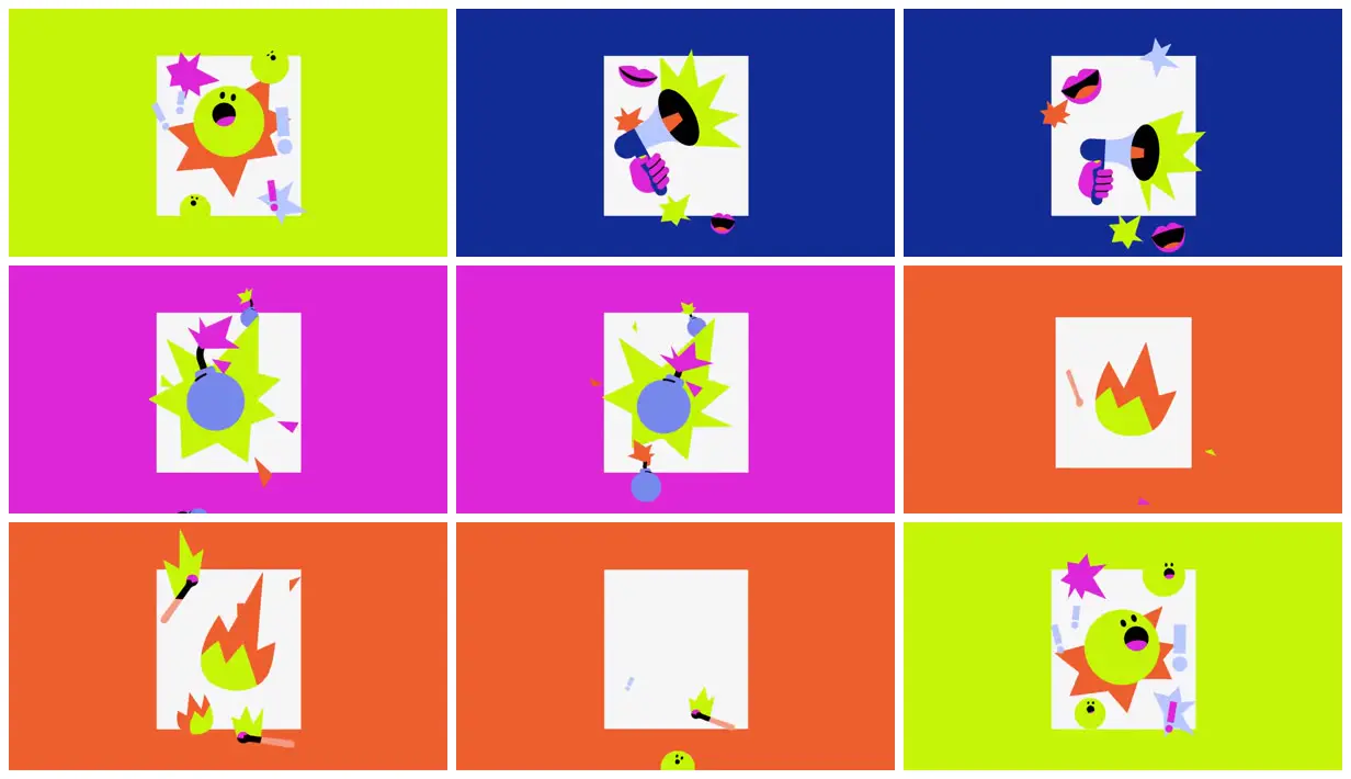 Nine frames from across Neon reaction illustration system