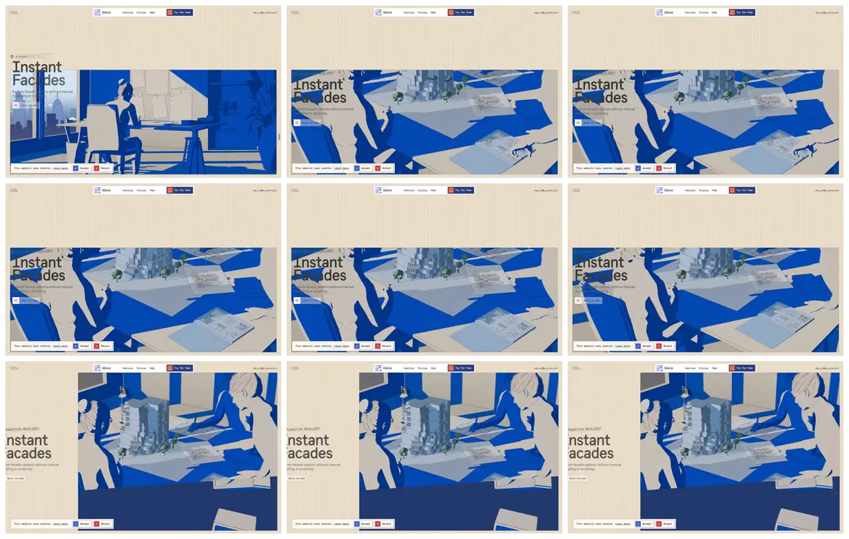 Nine frames from across Illoca’s illustrated drafting world