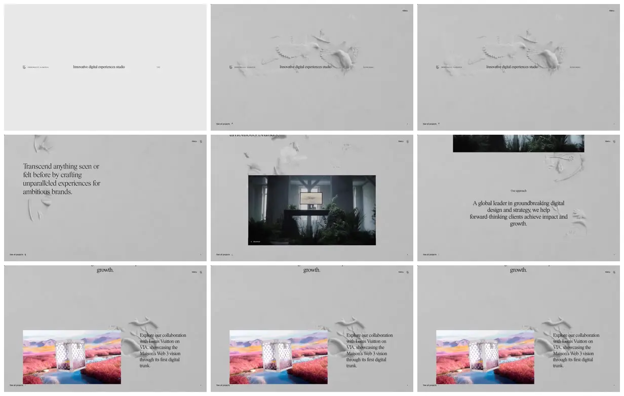 Nine frames from across Sculptural garden studio portfolio