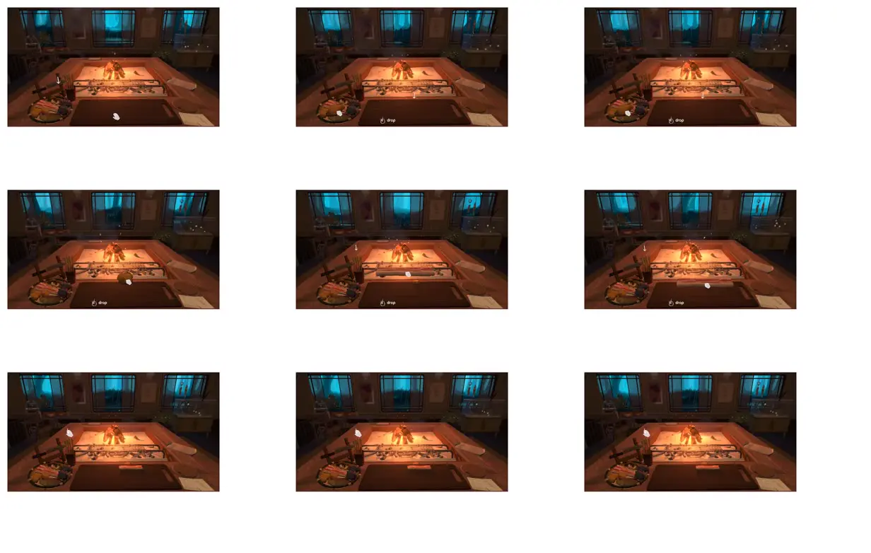 Nine frames from across A firelit cabin cooking scene