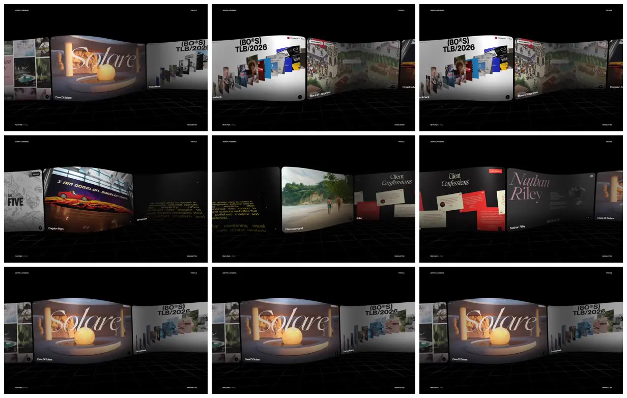 Nine frames from across Curved gallery on a wireframe floor
