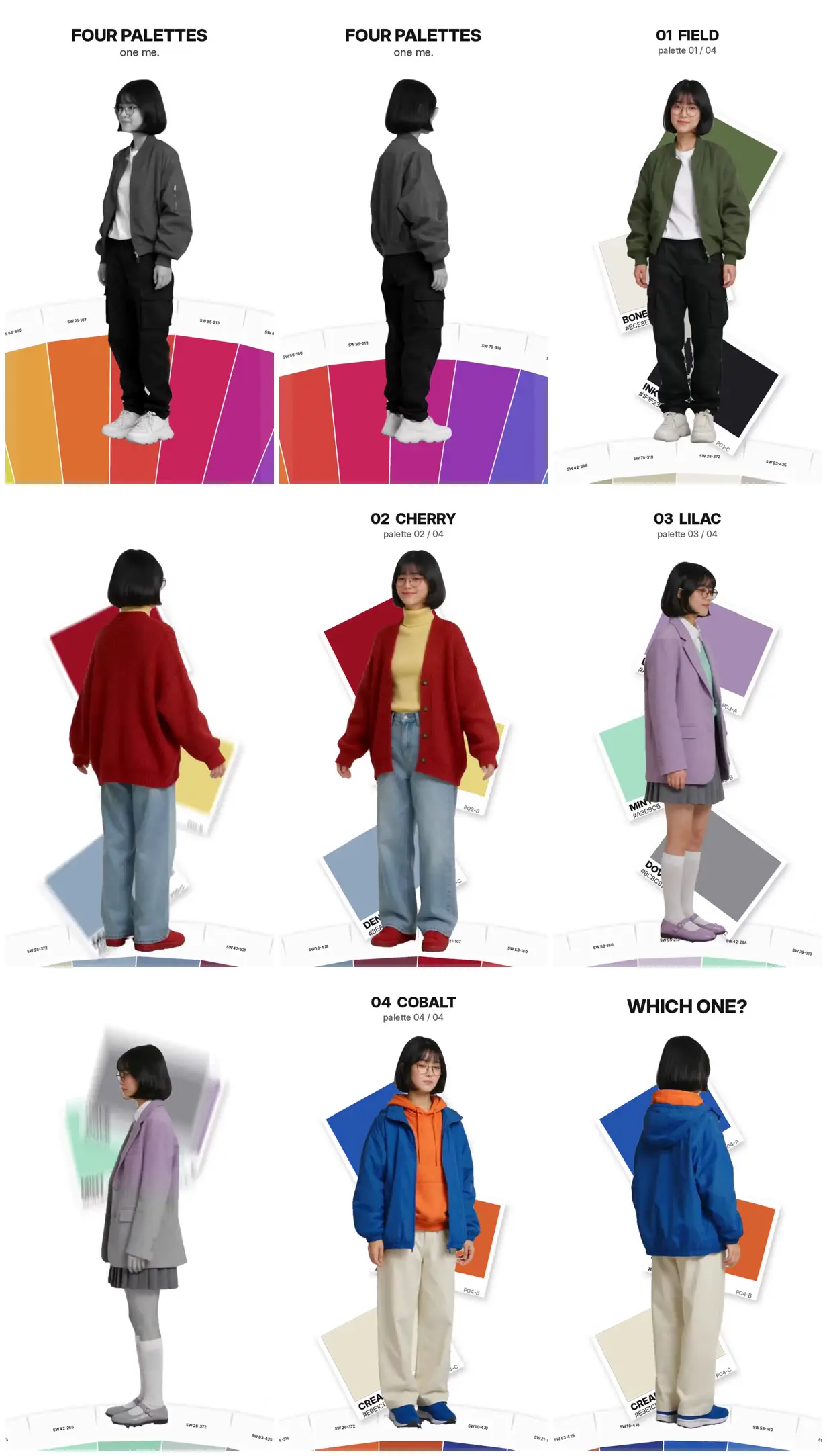 Nine frames from across Four outfit palettes
