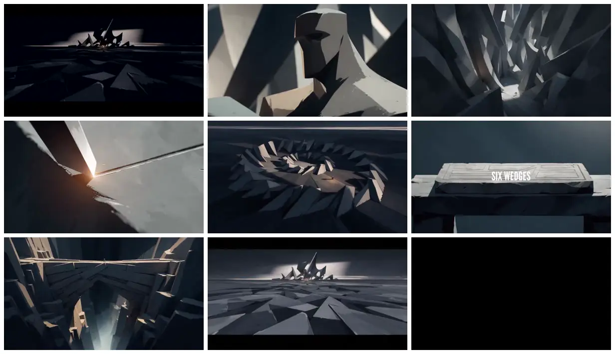 Nine frames from across A world built from stone wedges