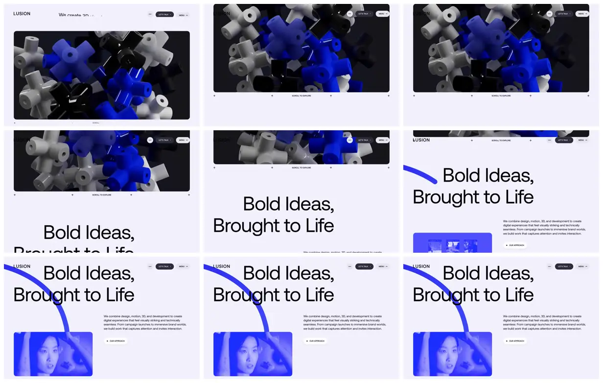 Nine frames from across Sculptural blue studio showcase