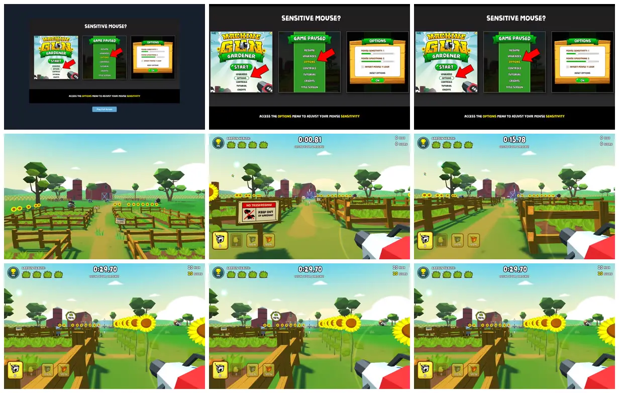 Nine frames from across Sunflower-lined garden defense