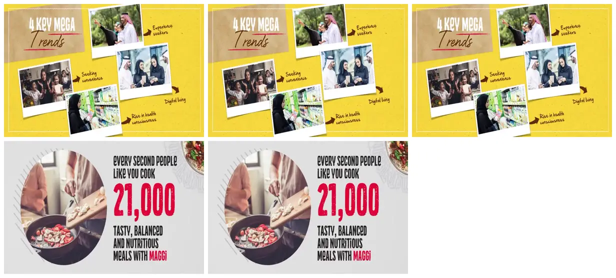 Nine frames from across Colorful bilingual food brand deck