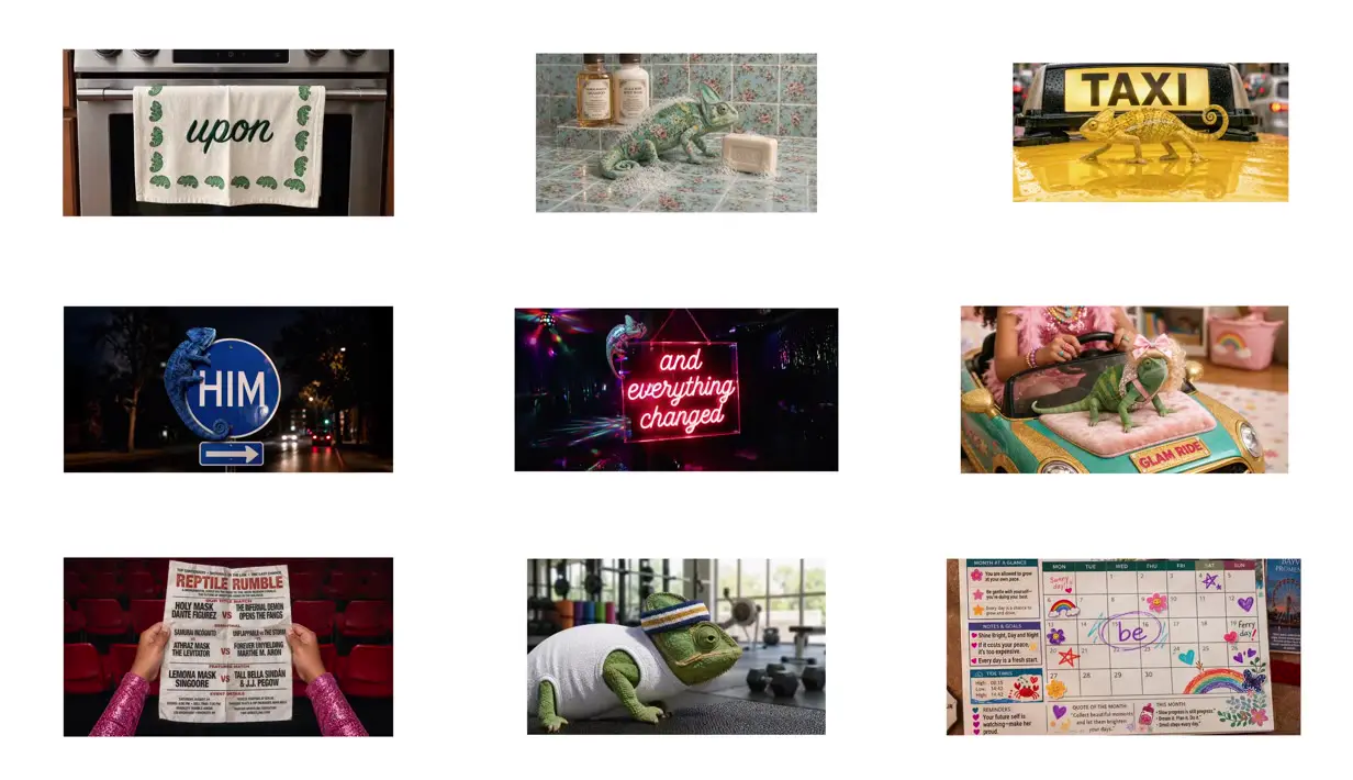 Nine frames from across A chameleon across visual worlds