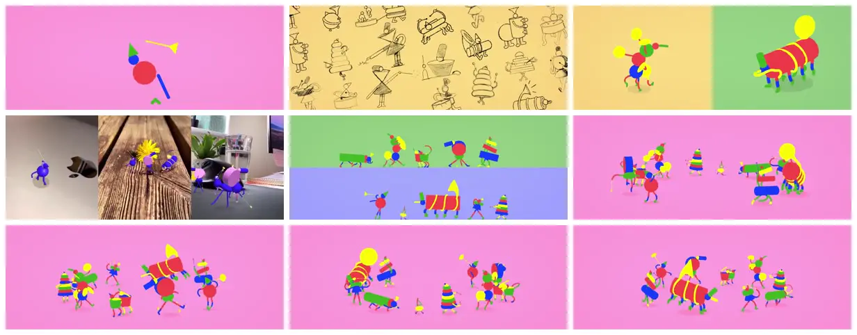 Nine frames from across Geometric toy marching band