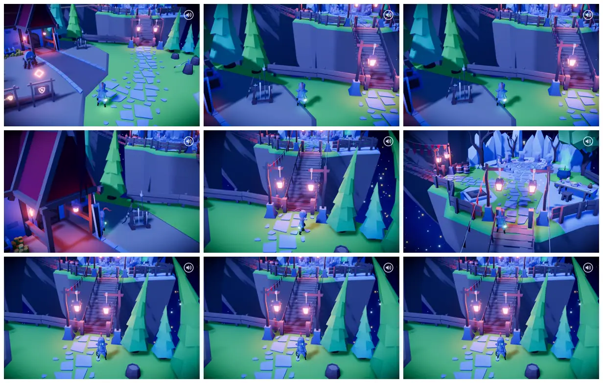 Nine frames from across Lantern-lit floating fantasy village