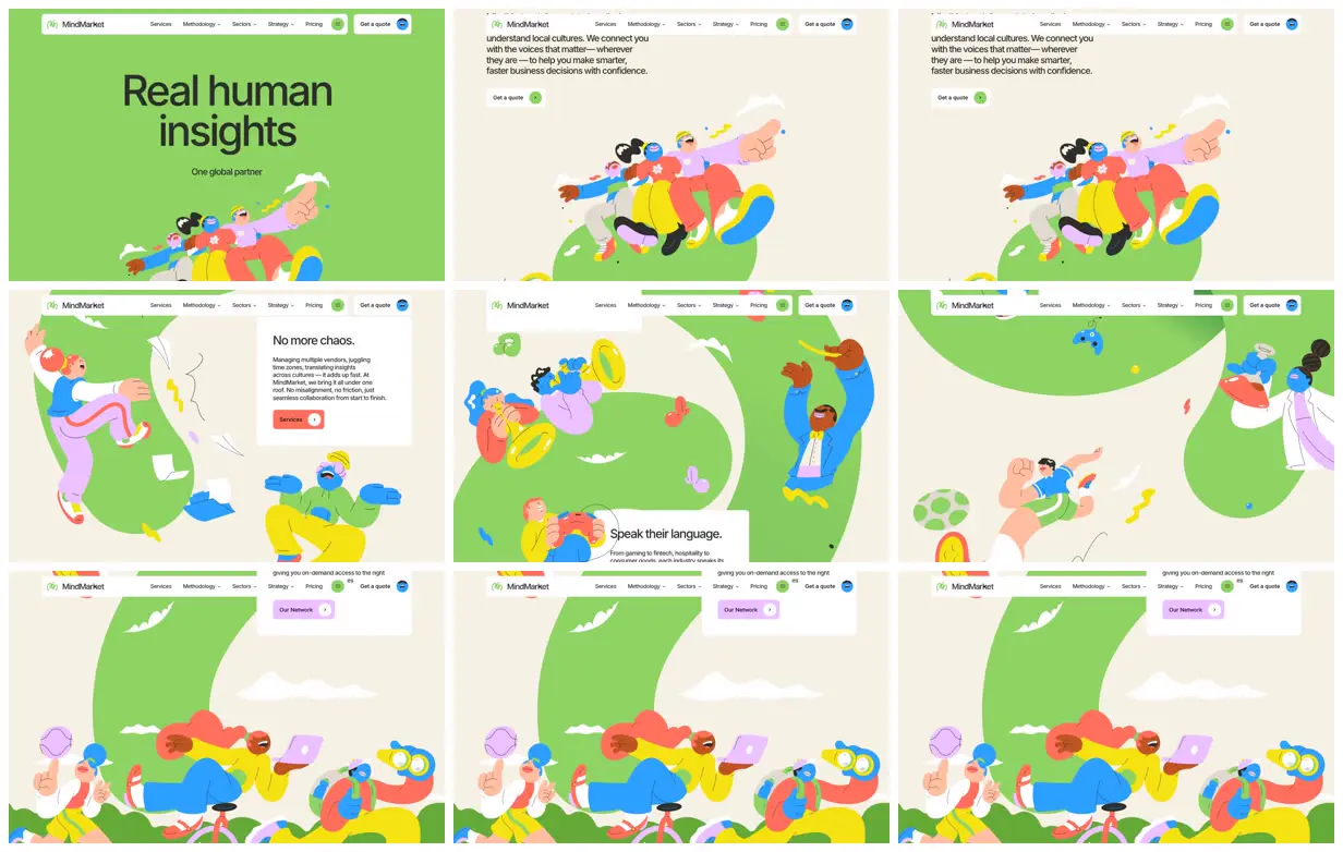 Nine frames from across MindMarket illustrated research journey