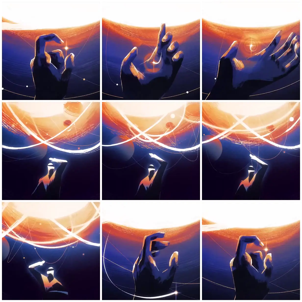 Nine frames from across Painted hands beneath luminous orbits