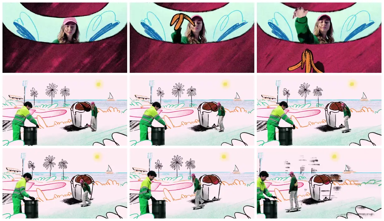 Nine frames from across City care in a crayon seaside world