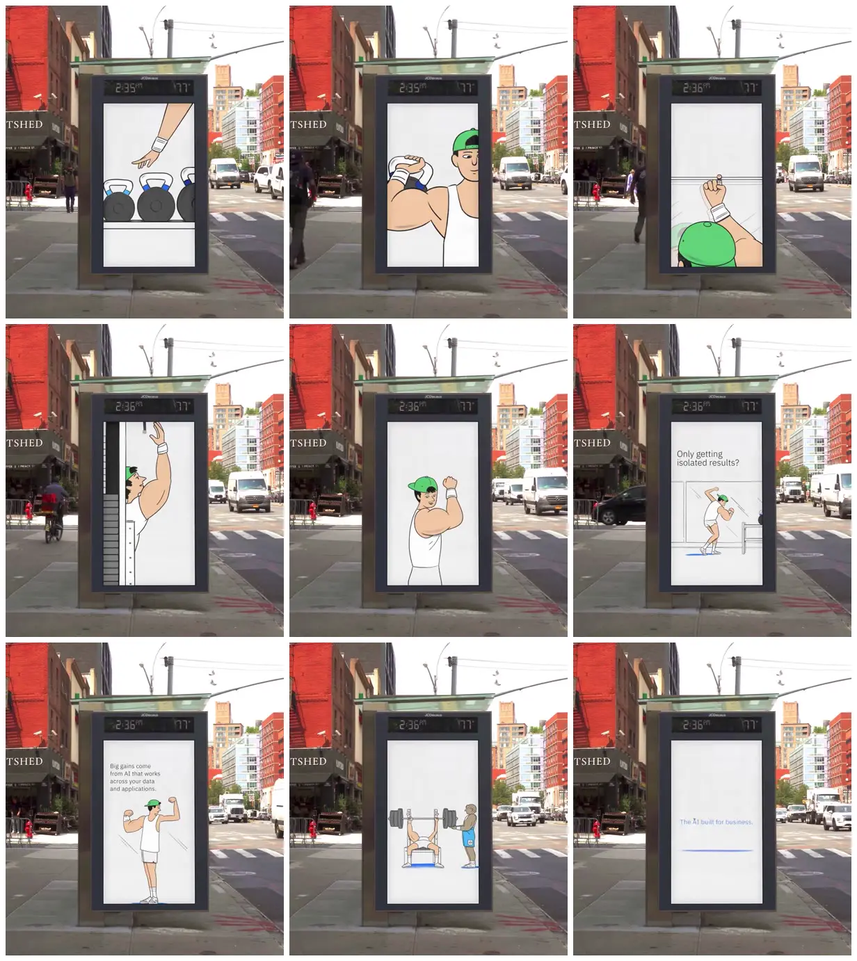 Nine frames from across Uneven gains in a line-drawn gym