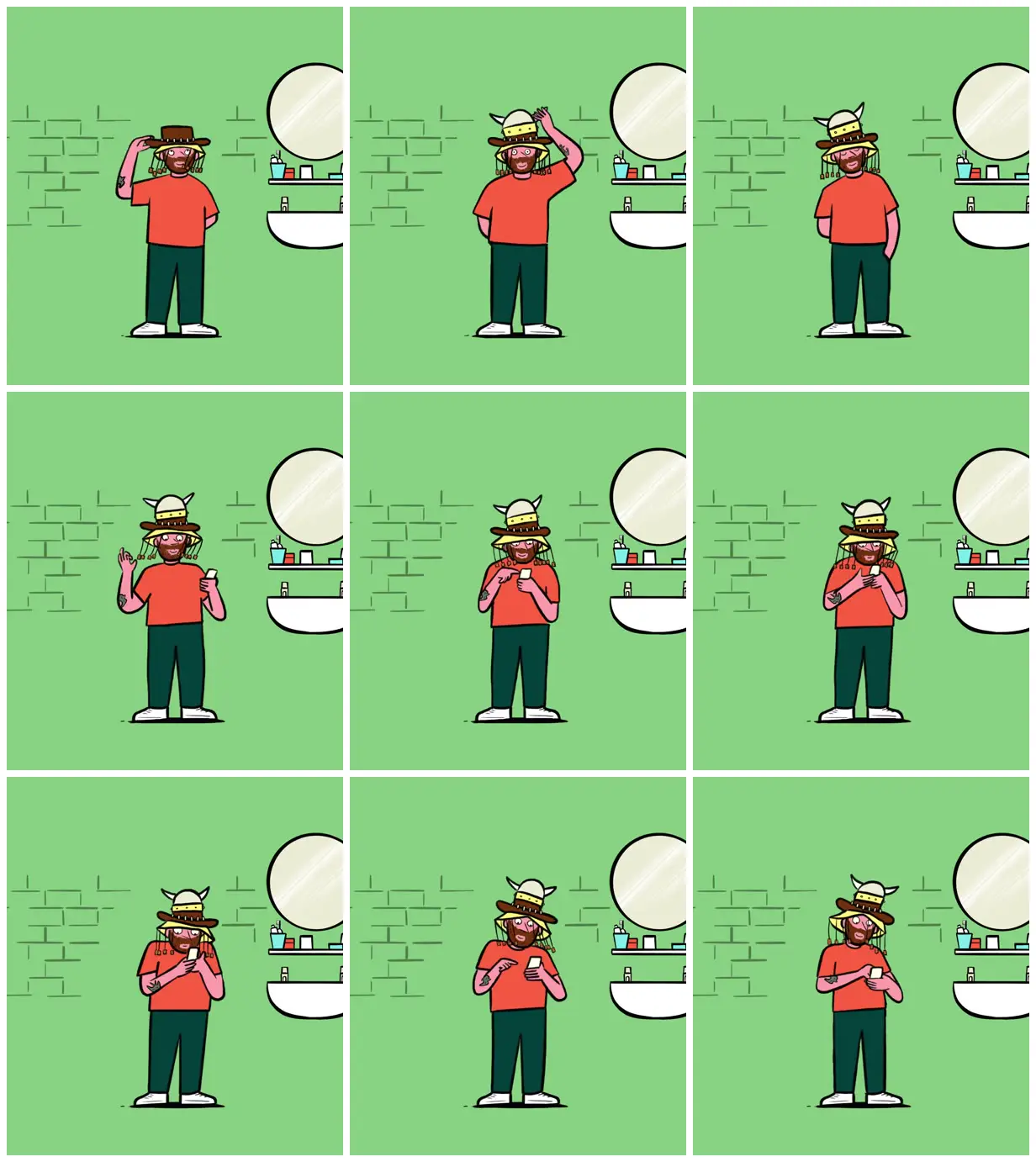 Nine frames from across A cartoon character with stacked hats
