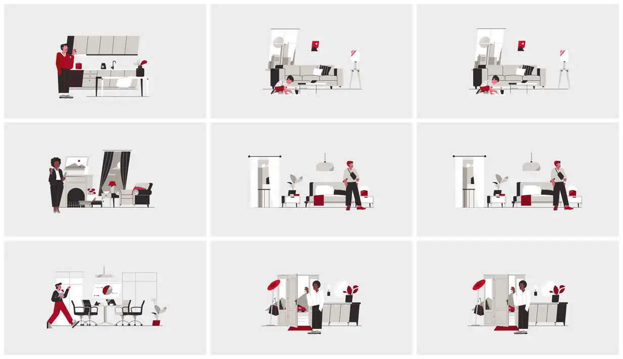 Nine frames from across Red-accented everyday interiors