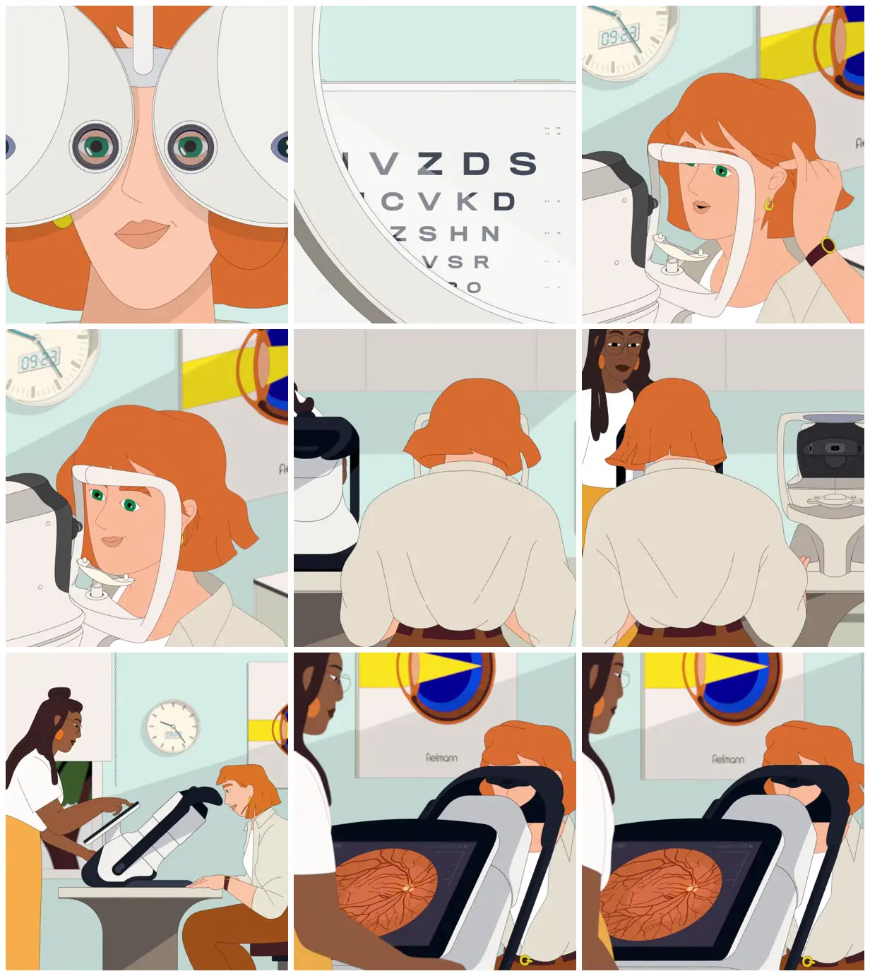Nine frames from across An illustrated eye examination