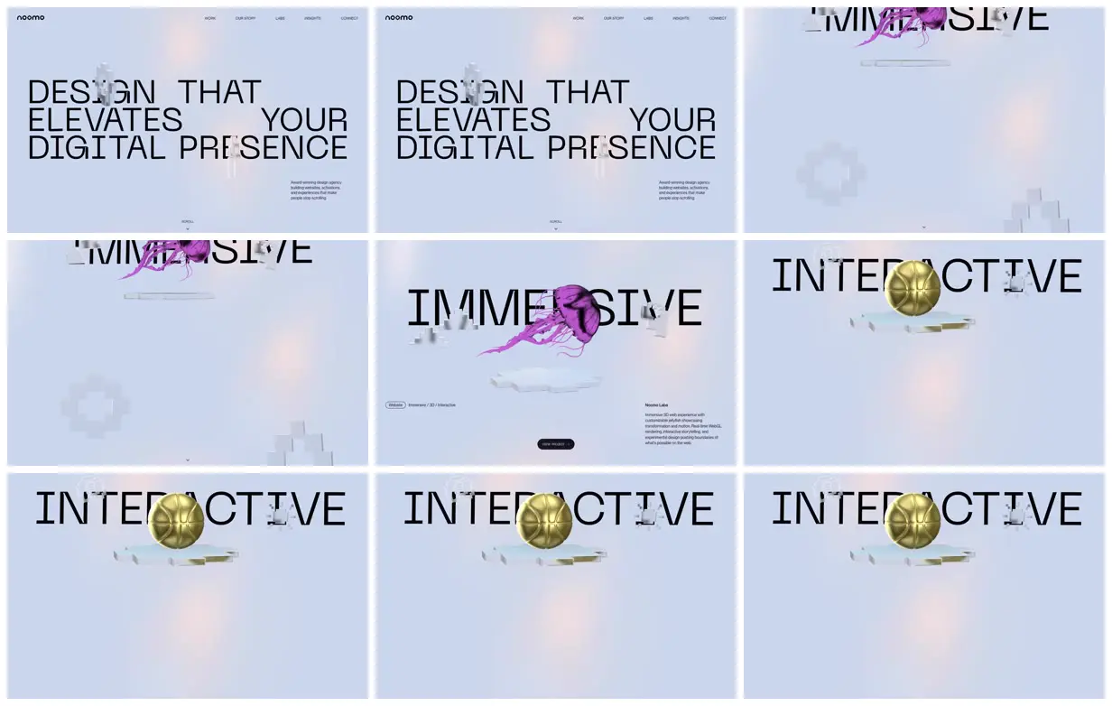 Nine frames from across Oversized type and floating 3D objects