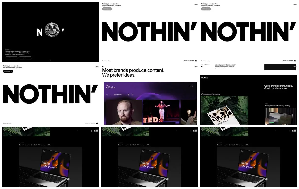 Nine frames from across Nothin’ studio portfolio