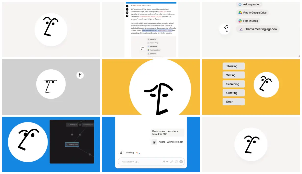 Nine frames from across An expressive face for an AI assistant