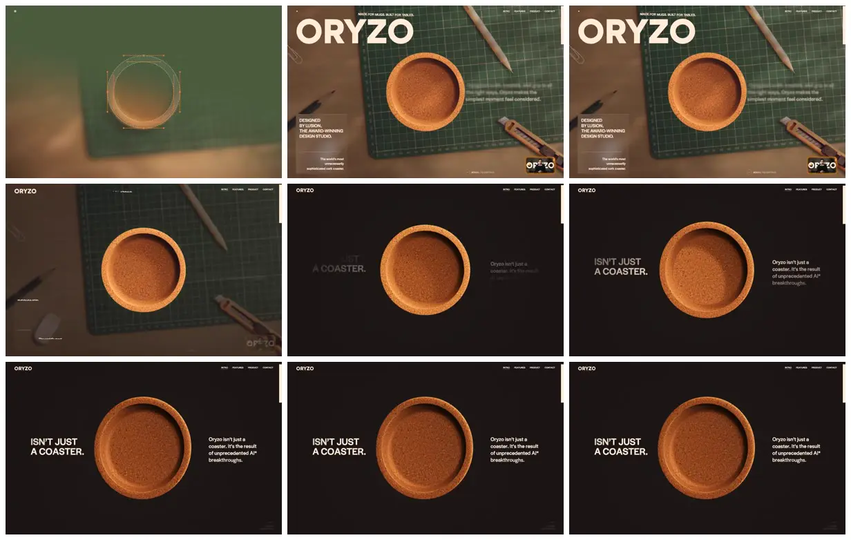 Nine frames from across Oryzo cork coaster showcase